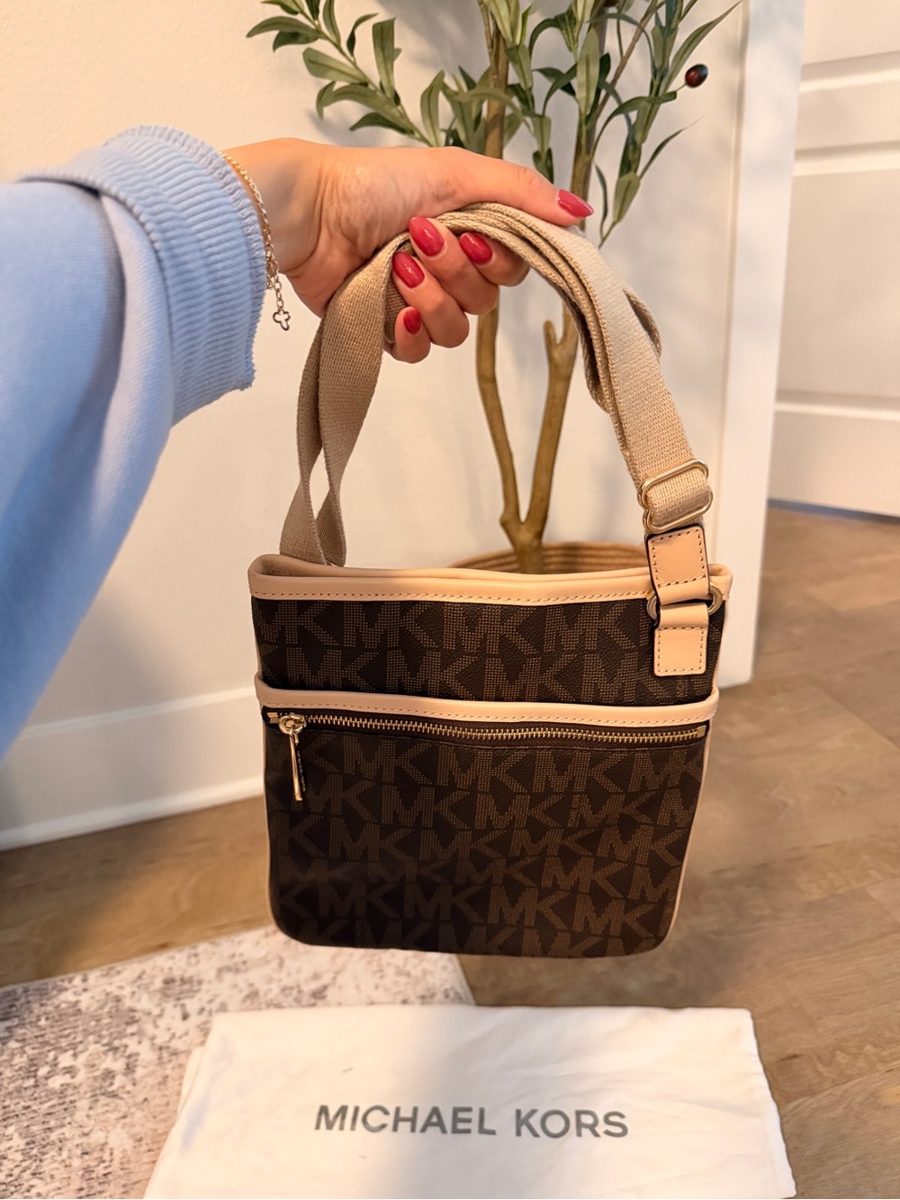 Michael Kors Brown Logo Bucket Crossbody with Beige Trim